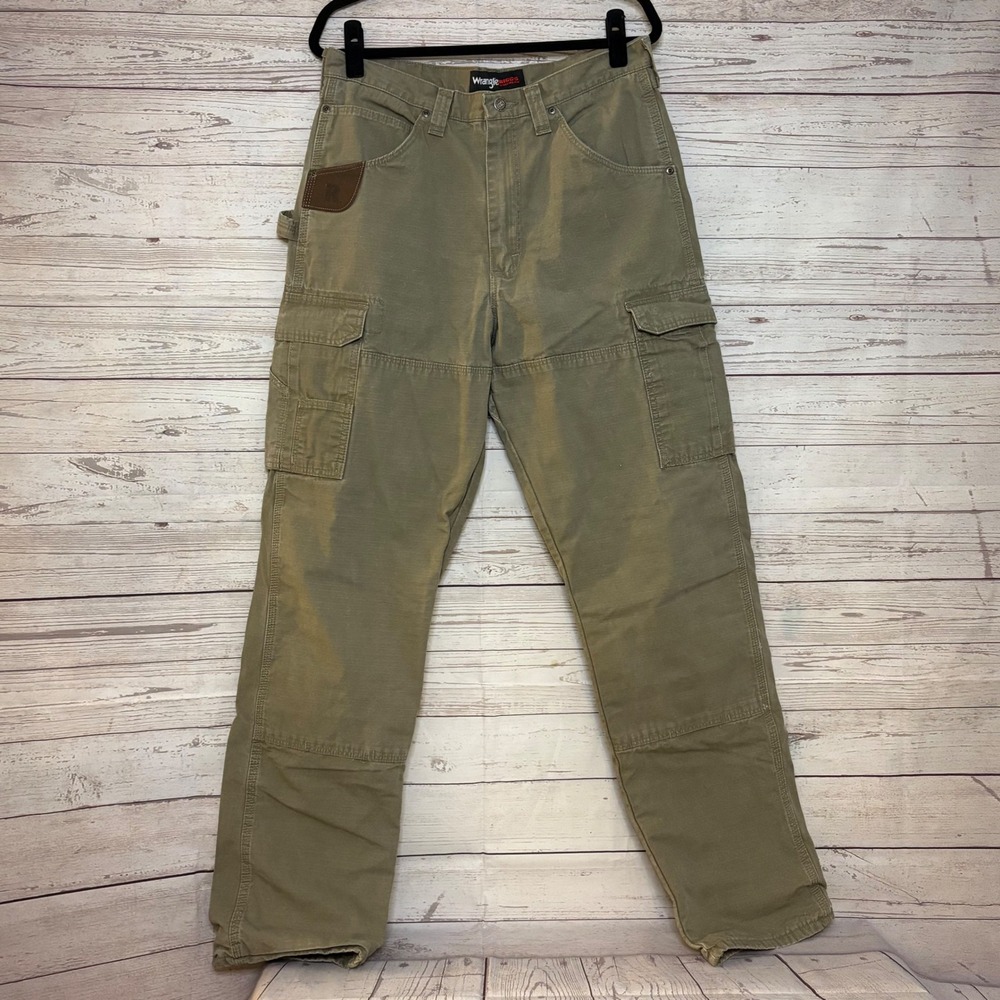 Wrangler Riggs Workwear Flannel Lined Cargo Pants Olive Khaki Ripstop Mens 32x30